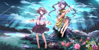 Anime girls waterfall blue sky - a waterfall in the background free wallpaper for desktop