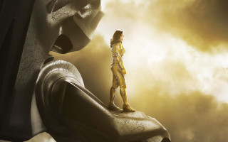 Woman yellow suit rock sky - mask free wallpaper