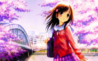 Girl red shirt purple skirt - front of a tree free wallpaper
