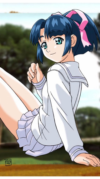 Bluehair girlsitting anime serafuku ribbon - a white shirt free wallpaper for mobile