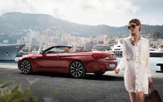 Woman walking red convertible harbor - past free wallpaper