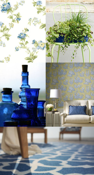 Blue vases couch wallpapered wall - a collage free wallpaper