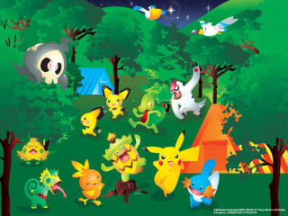 Pokemon group playing woods night - chiho aoshima free wallpaper