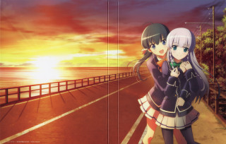 Anime girls ocean sunset pier - a pier in the background free wallpaper