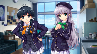 Anime girls kitchen window sink - a window behind them free wallpaper