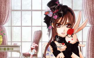 Gothic anime woman pinkflower rabbithand - a black dress holding free wallpaper