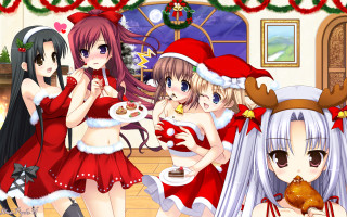 Christmas women cooking eating together - a christmas tree in the background free wallpaper