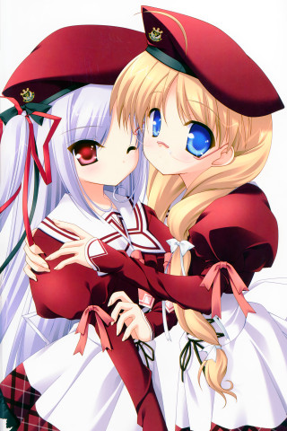 Anime girls hugging red hat - a white dress free wallpaper for mobile