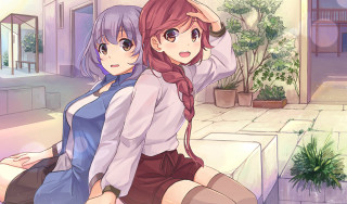 Anime girls sitting ledge courtyard - her hair free wallpaper