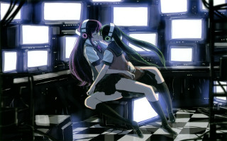 Woman headphones checkered floor anime - floor free wallpaper