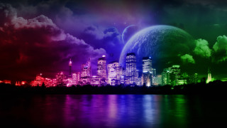 City skyline rainbow colored sky 3 - a rainbow free wallpaper