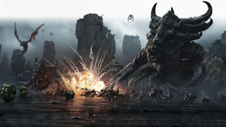 Demonic monster attacking people city - huge free wallpaper