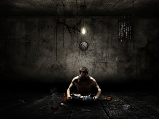 Man sitting dark room clock 5 - dark art free wallpaper