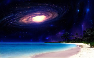 Beach starry sky galaxy palm - a painting of a beach free wallpaper