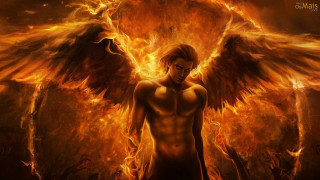 Man large angel wings flames 2 - a yellow flame free wallpaper