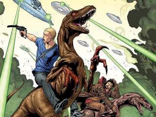 Man riding dinosaur gun holding - doug wildey free wallpaper