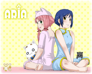 Anime two girls sitting cats - anime style free wallpaper