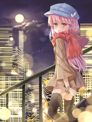 Girl pink hair hat balcony - a cityscape in the background free wallpaper