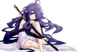 Woman long hair sword kneeling - the wind free wallpaper