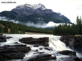 Waterfall mountain clouds trees sky - waterfall free wallpaper for desktop