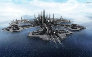 Futuristic city floating ocean cloudy - smaller free wallpaper for desktop
