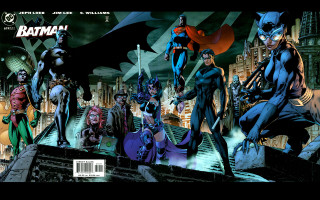 Batman characters building city night - alex ross free wallpaper