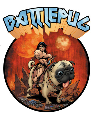Cartoon woman riding pug sword 3 - her hand and a caption free wallpaper