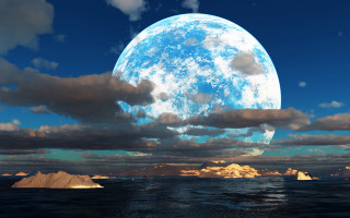 Large blue moon ocean mountains - full moon free wallpaper