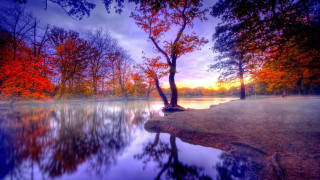 Lake trees colorful sky clouds - bob ross free wallpaper
