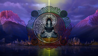 Woman lotus position mountain range - ella guru free wallpaper for desktop