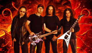 Men guitars red background swirls - biomechanical free wallpaper