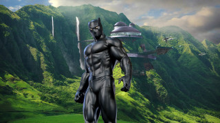 Man black suit mountain futuristic - a futuristic city in the background free wallpaper