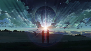 Two people giant object sky - atey ghailan free wallpaper