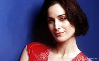 Woman red top blue wall - a blue wall behind her free wallpaper