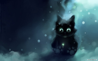 Black cat glowing eyes snow 4 - back leg free wallpaper