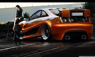 Woman car checkered bike standing - matte drawing free wallpaper