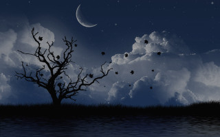 Tree field moon sky clouds - dark atmosphere free wallpaper