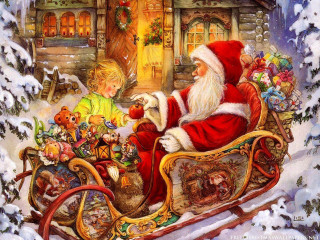 Santa claus child sleigh snow - storybook illustration free wallpaper