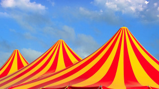 Red yellow striped tents cloudy - art deco free wallpaper