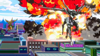 Cartoon character flying city explosion - mecha free wallpaper for desktop