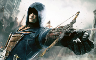 Hooded man bow arrow city - outfit holding free wallpaper
