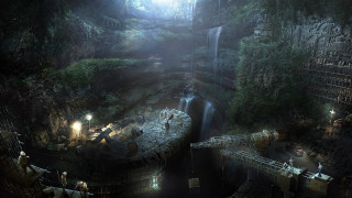 Dark cave waterfall man platform 2 - a dark cave free wallpaper for desktop