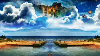 Surreal house beach pier hotairballoons - hot free wallpaper