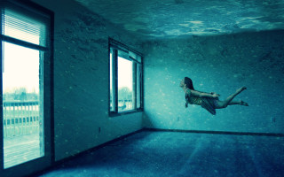 Woman floating room window sky - surreal free wallpaper