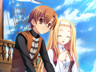 Anime couple balcony ship background - a ship in the background free wallpaper