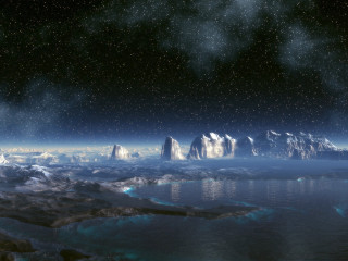Distant planet mountains lake scenery - a distant planet free wallpaper