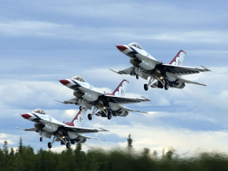 Jets formation sky forest trees - white cloud free wallpaper for desktop