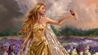Woman gold dress holding bird - her hand and a bird free wallpaper