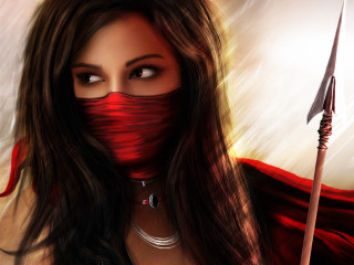 Woman red mask sword cape - dark fantasy art free wallpaper
