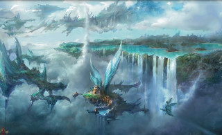 Waterfall birds flying castle painting - fantasy concept art free wallpaper